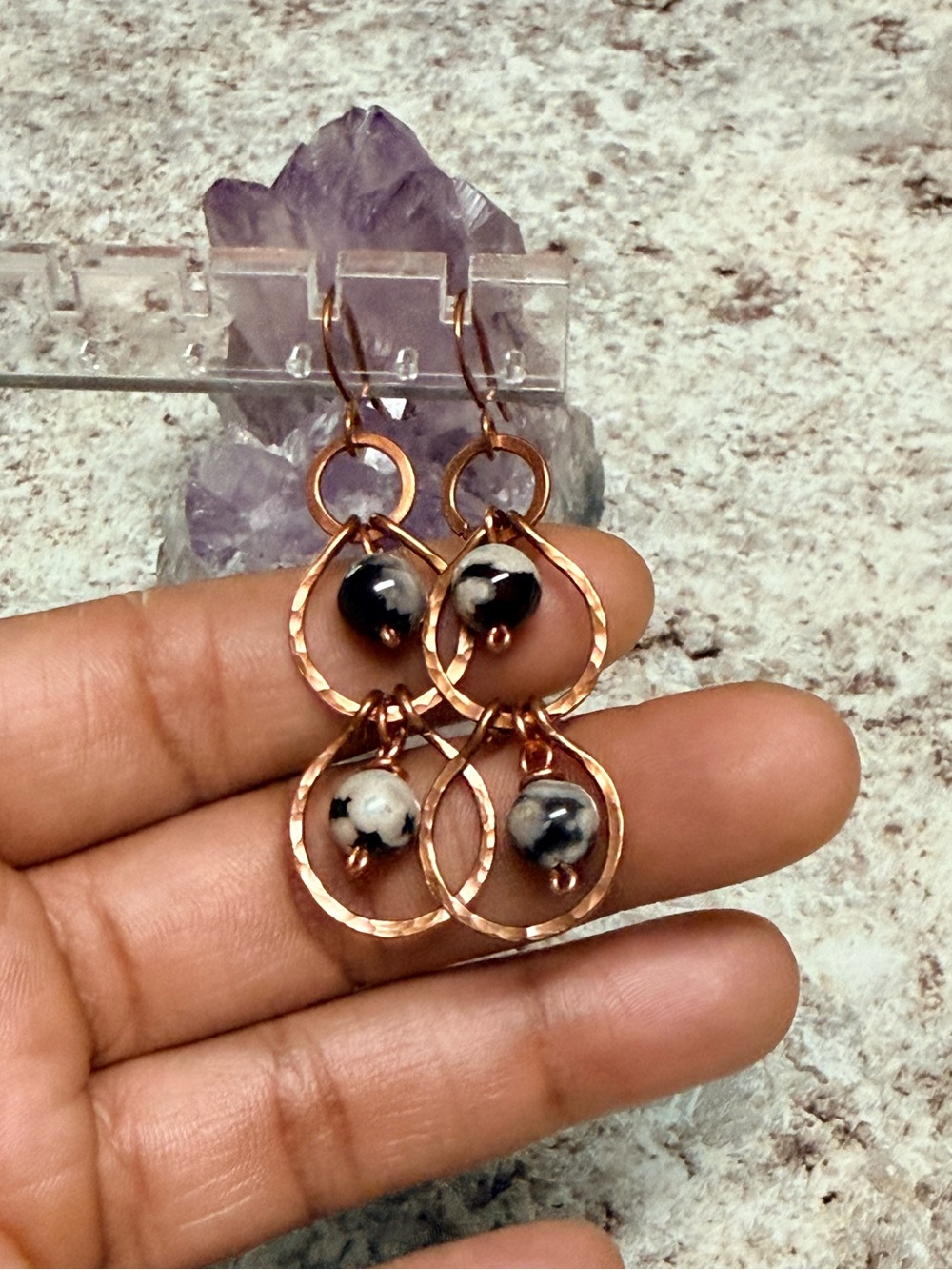 Interlocking Teardrop Hoop Earrings with Marbled Agate Bead Accent